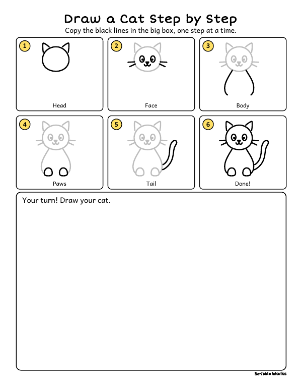 The printed page of Draw a Cat Step by Step