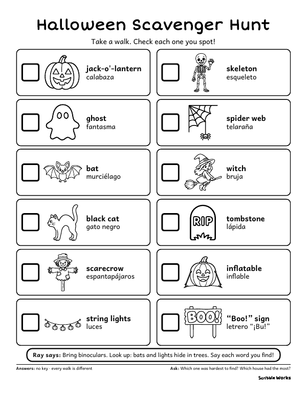 The printed page of Halloween Scavenger Hunt