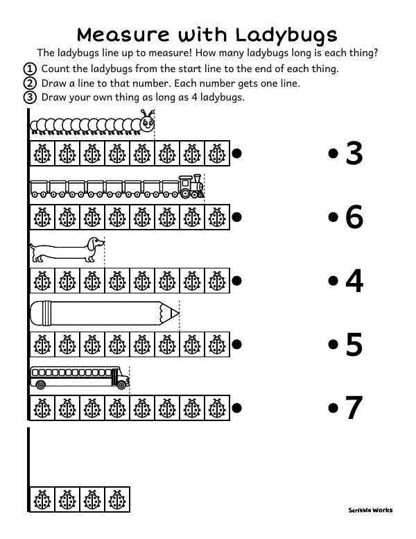 The printed page of Measure with Ladybugs